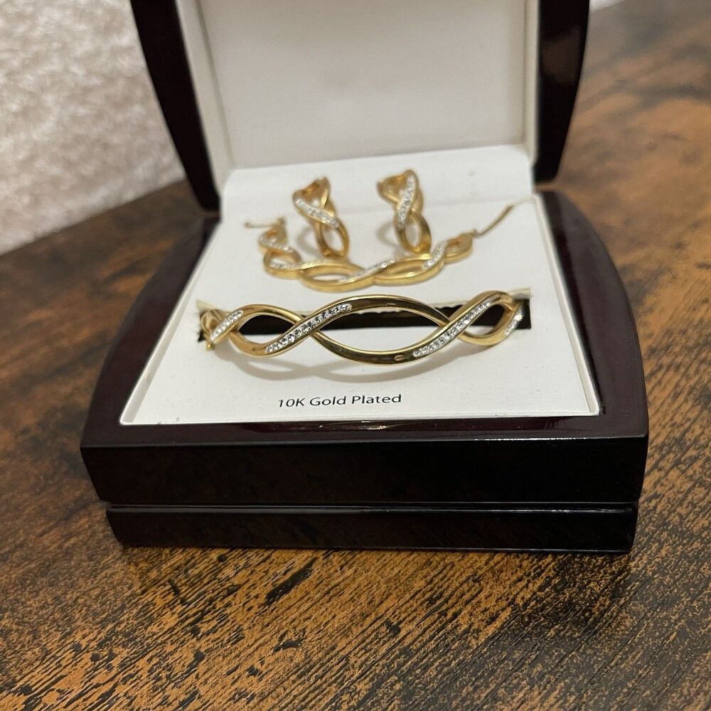 10K GP Gold Plated Jewelery Set Necklace Earrings Bangle Crystal Set Box Y2K NEW - Picture 11 of 16